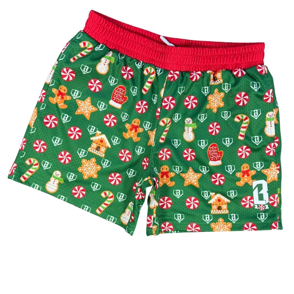 Baseballism Holiday Mesh Shorts Youth Large Green Christmas Gingerbread Athletic